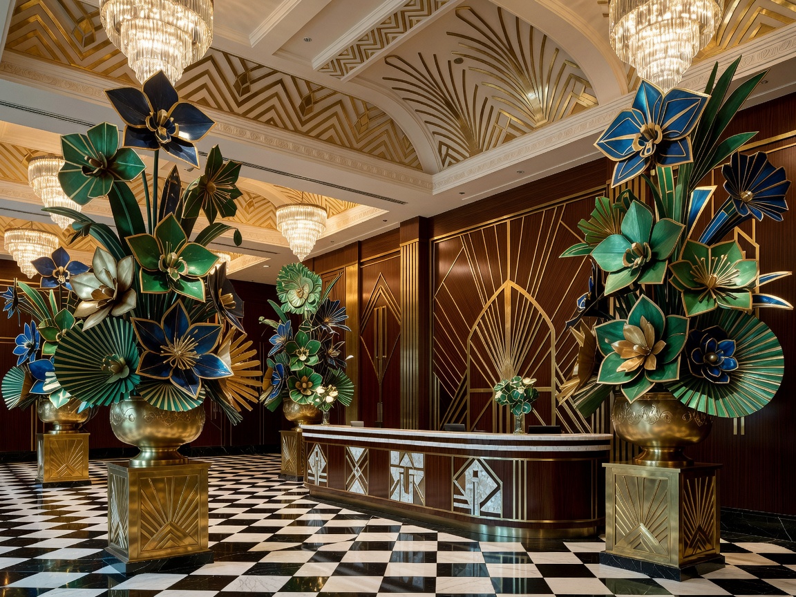 Grand hotel reception lobby showing ornate Art Deco floral displays