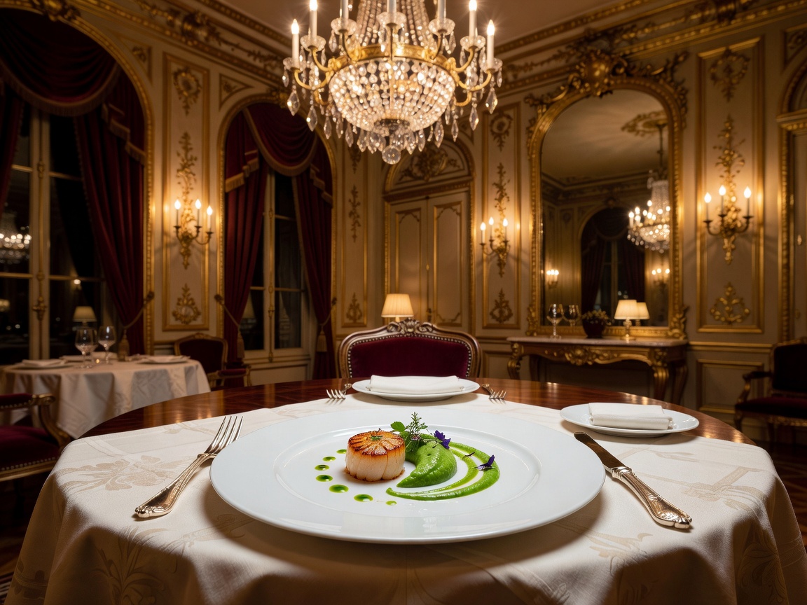 Haute cuisine plated course in an ornate Parisian dining room setting