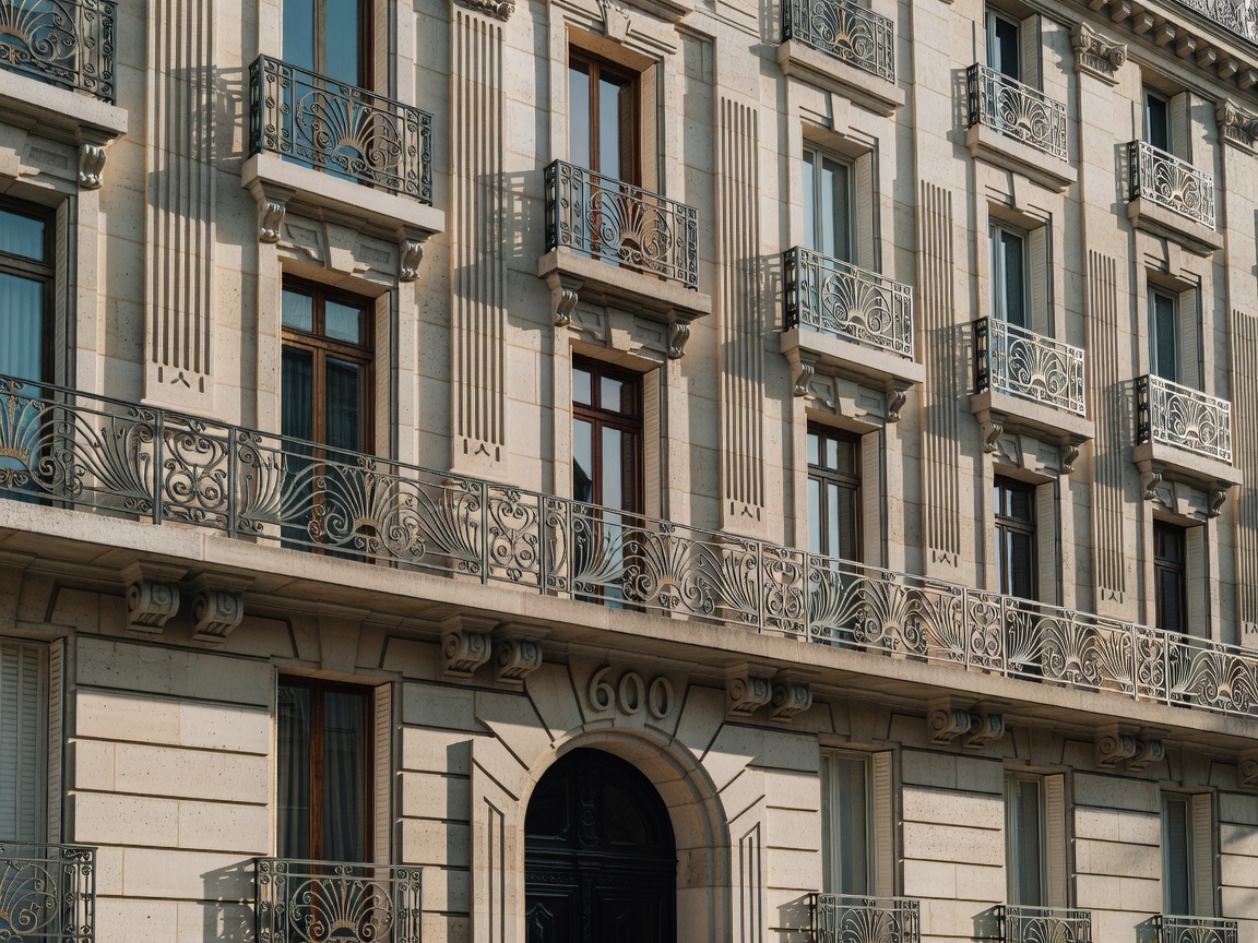 Historic Parisian Art Deco stone facade with wrought-iron balconies