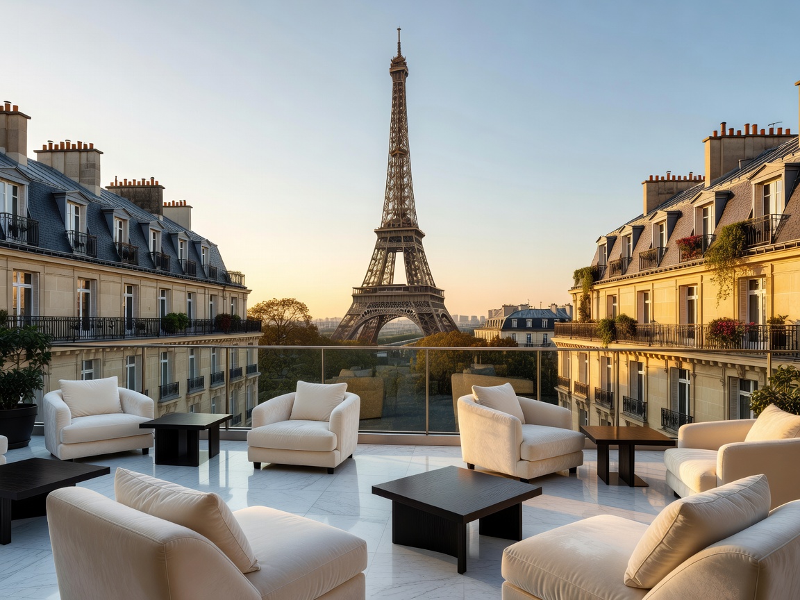 Panoramic view from a luxury Parisian hotel terrace facing the Eiffel Tower