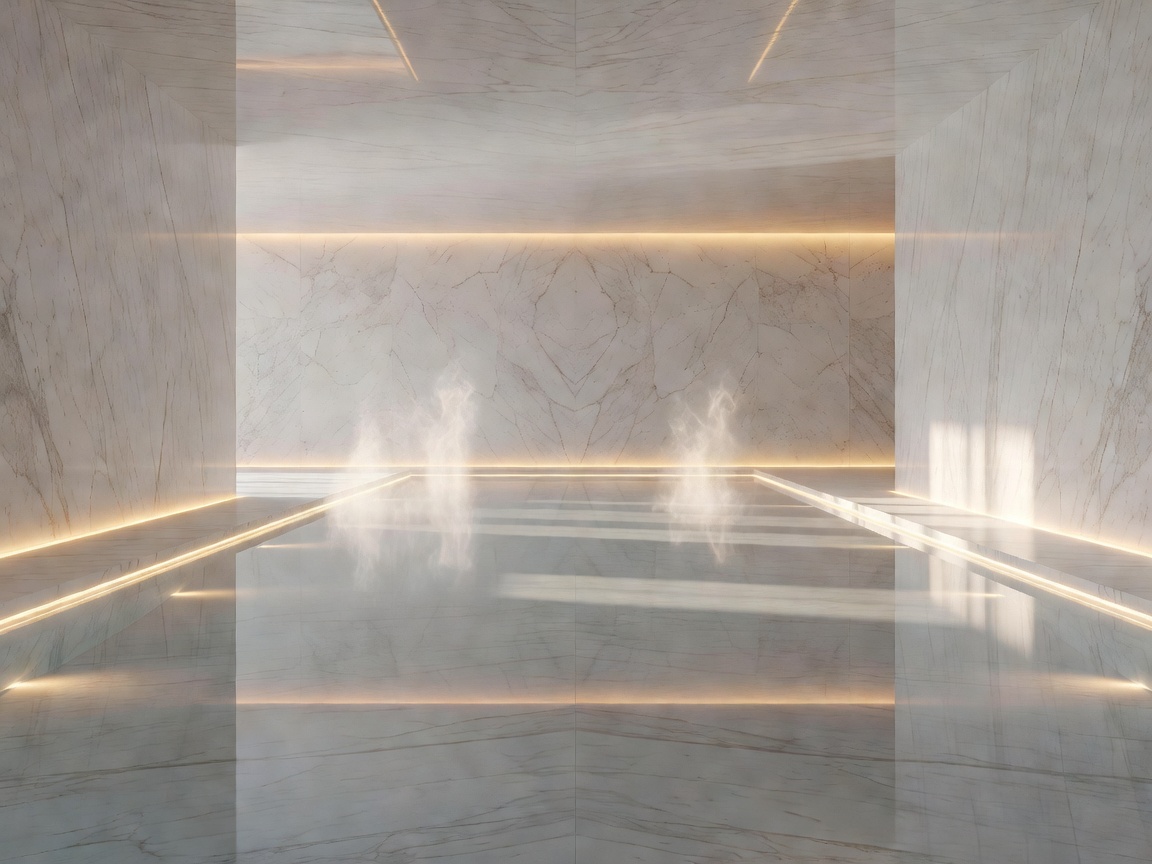 Serene marble indoor swimming pool with ambient warm lighting