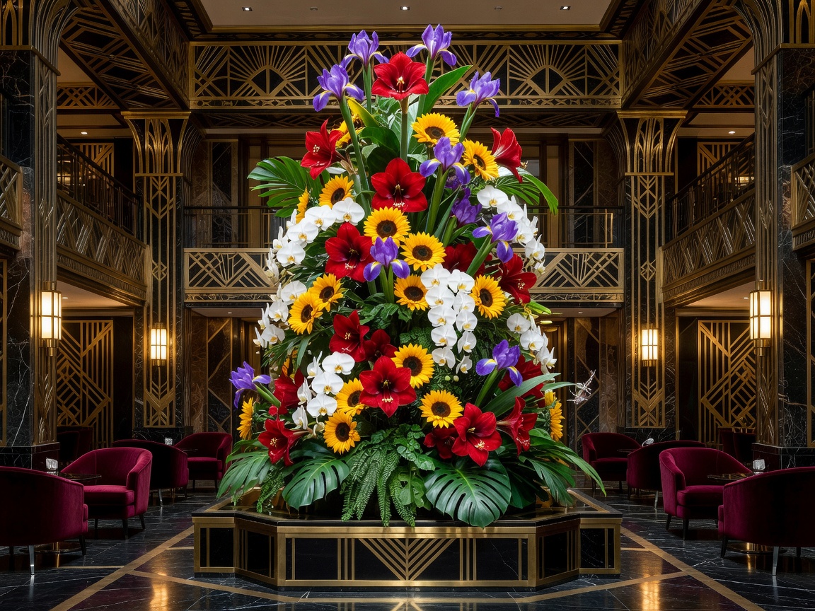 Spectacular hotel lobby floral installation arranged in an Art Deco setting