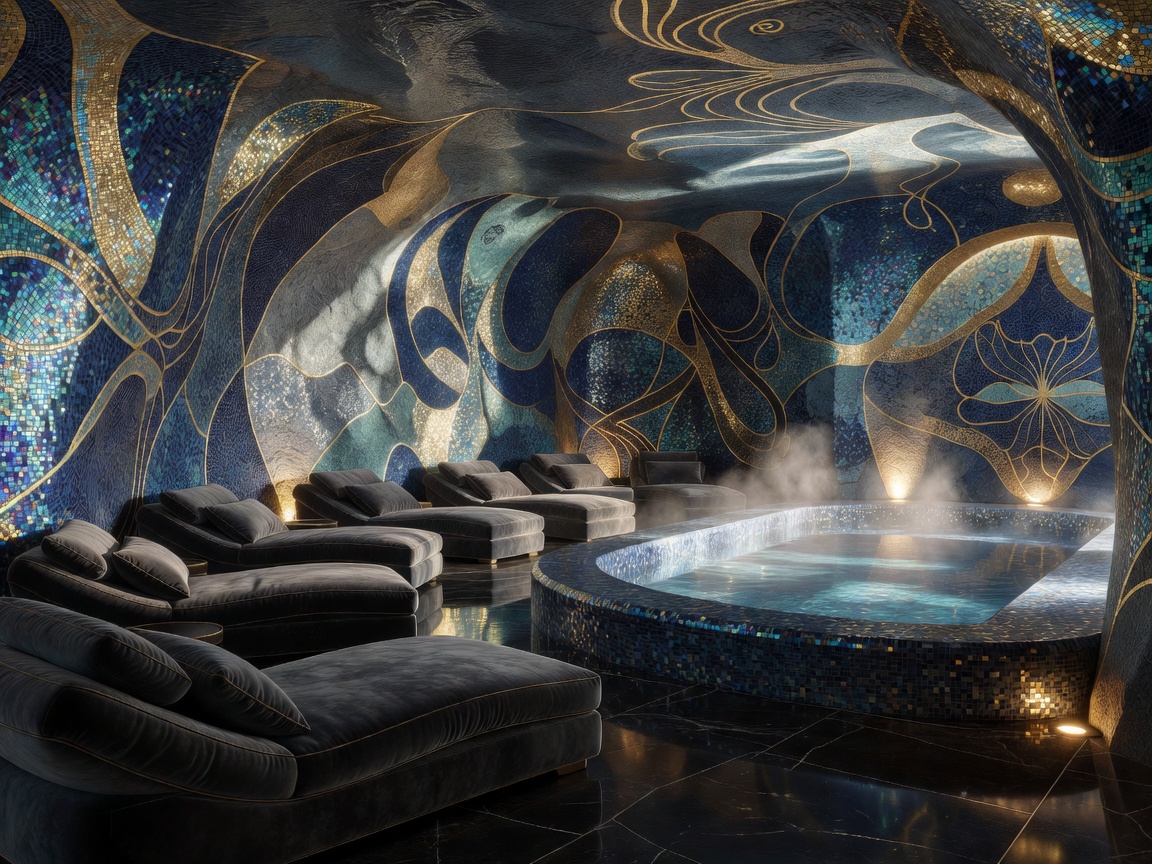 Subterranean luxury spa relaxation area with mosaic tile details